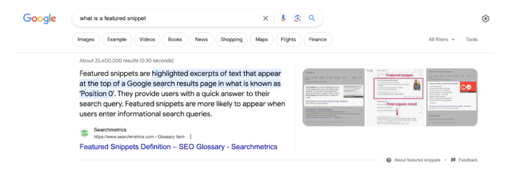 an image of a google search result on a query about what is featured snippet